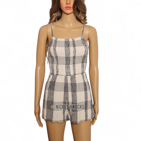 Topshop Beige Black Plaid Seersucker Sleeveless Romper Square Neck Size 4 - Picture 2 of 8